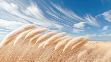 Dry grass sways gently beneath a bright blue sky with feathery white clouds near the ocean horizon. Wind blows. photo