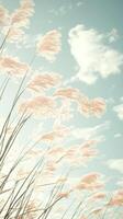 Tall grass blowing gently in the breeze against a bright sky filled with soft white clouds. Pastel colors present a peaceful gentle mood. photo