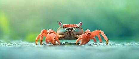 Vibrant crab with a bright shell forages in a shallow tidal pool surrounded by lush, tropical vegetation on a serene morning photo