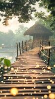 A rustic wooden bridge winds through a lush tropical jungle, leading to a thatched hut. The sunrise casts a warm glow, creating a magical atmosphere with sparkling light photo