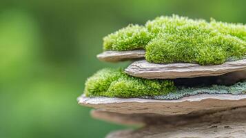 Bright green moss covers smooth rocks, showcasing vibrant life in a tropical jungle. Sunlight enhances the lush colors in this serene, natural habitat photo