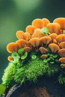 Colorful clusters of orange mushrooms thrive atop vibrant green moss, highlighting the rich biodiversity found in tropical jungle habitats photo