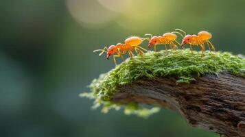 Bright orange ants traverse a vibrant green moss-covered log, showcasing their teamwork against the backdrop of a tropical jungle bathed in soft sunlight photo