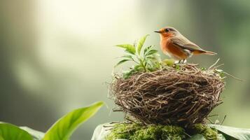 A vibrant bird stands on its nest surrounded by fresh foliage in a serene tropical jungle environment, capturing the beauty of nature's harmony during dawn photo