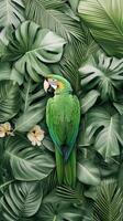 Lush green foliage surrounds a striking parrot, showcasing the beauty of tropical flora and fauna in a serene jungle environment photo