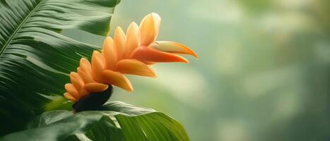 Vibrant tropical flower blooms amidst rich green foliage, showcasing the beauty of nature in a tranquil jungle setting during soft lighting photo