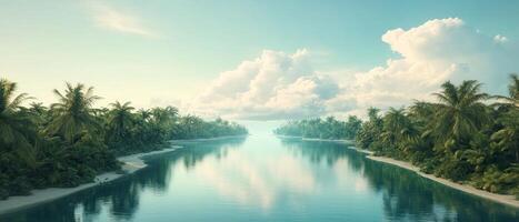 Serene river flows gently through vibrant palm trees, reflecting soft clouds and blue sky, capturing the beauty of a tropical landscape at dawn photo