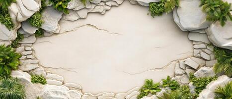 Lush tropical plants and textured rocks form a vibrant backdrop, ideal for nature-related projects and showcasing the beauty of wilderness landscapes photo