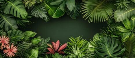 Lush, vibrant tropical leaves form a natural frame, showcasing a rich variety of textures and shades of green in a serene jungle environment photo