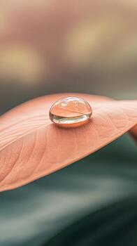 A close-up view of a water droplet perched on a colorful leaf in a lush tropical jungle, showcasing the intricate details of nature's design and calmness photo
