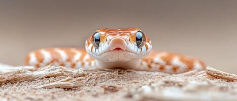 Brightly colored snake lies calmly on fine sand, showcasing its unique pattern in a lush tropical jungle setting under warm sunlight and surrounding greenery photo