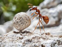Ant laboring to move a small stone on a rocky surface in a natural outdoor setting under soft sunlight photo