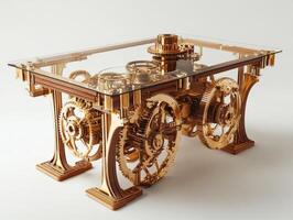 Intricate steampunk style table with visible gears and glass top photo