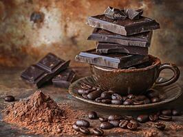 Rich dark chocolate stacked above a coffee cup with beans photo