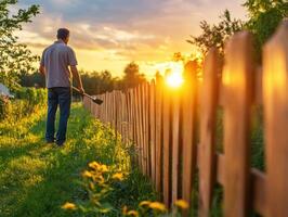Garden work at sunset with a wooden fence in the background photo