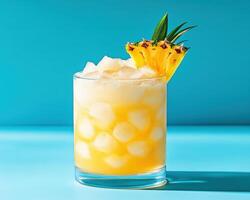 Refreshing pineapple cocktail with ice on a bright blue background photo