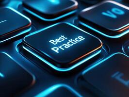 Best practice key on a modern keyboard glowing in blue light at a tech workspace photo