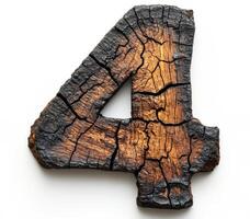 Charred wooden number four with detailed texture and natural cracks photo