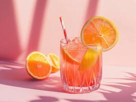 Refreshing citrus drink with vibrant colors on a pink background photo