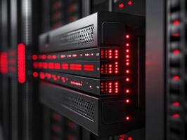 Data server rack with glowing red lights in a modern data center photo