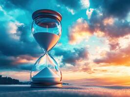 Sunset view with hourglass on sand at beach location photo