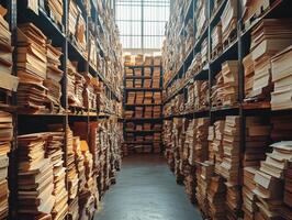 Large archive filled with stacked files in a well-lit storage area photo