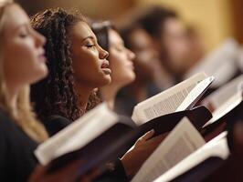 Choir members singing during a rehearsal in a concert hall photo