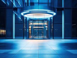 Modern glass entrance to a building with glowing lights at night photo