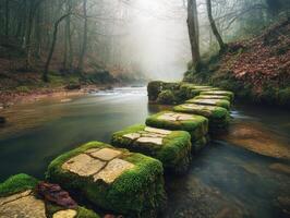 Moss-covered stepping stones in a tranquil forest stream photo