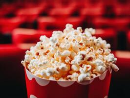 Fresh popcorn served in a red and white container at the cinema photo