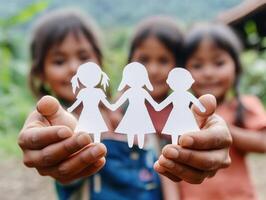 Children hold paper dolls in a rural setting with nature backdrop photo