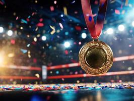 Golden medal surrounded by confetti after victory in a boxing match at an arena photo