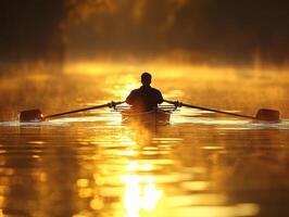 Rowing in golden waters during sunrise hour photo