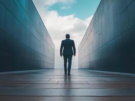 Businessman walking towards horizon between modern structures photo