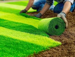 Laying fresh sod on soil for a vibrant lawn transformation photo