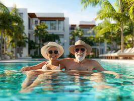 Couple enjoying a relaxing day at a tropical poolside resort photo
