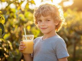 Boy enjoying fresh juice in a sunny garden setting photo