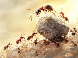 Ants working together to move a large stone in nature photo