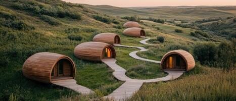 Wooden pod houses on green grassy hills. Stone paths connect houses on hillside at dusk. Simple natural architecture in a rural setting photo