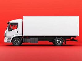 Commercial truck against a solid red background showcasing design photo