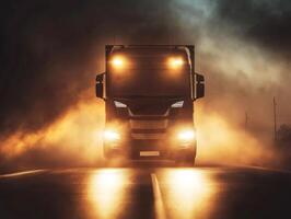 Truck driving through misty road at dusk creating dramatic atmosphere photo