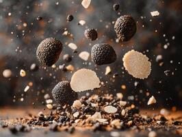 Truffles and seasonings elevate culinary art with floating ingredients photo