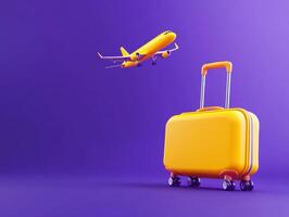 Bright suitcase prepares for travel with an airplane above photo