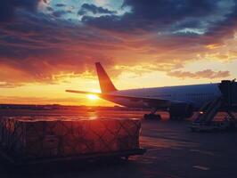 Airplane at sunset with cargo on tarmac in a busy airport environment photo