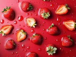 Fresh strawberries arranged on a vibrant red background photo