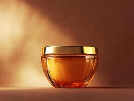 Luxurious amber cream jar captures light in serene setting photo