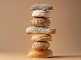 Baked bread rolls arranged in a vertical stack on a plain background photo