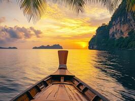 Sunset view from a traditional boat in a tranquil bay photo