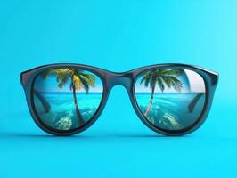 Sunglasses reflecting tropical beach and palm trees by the ocean photo