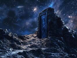 Mysterious wooden door standing alone in a cosmic landscape photo